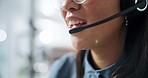 Happy woman, mouth and consulting in call center, customer service or support at office. Closeup of female person, consultant or agent talking with headphones or mic in online advice or telemarketing