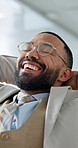 Relax, email and a happy businessman at work with success, promotion or complete with proposal. Smile, corporate and a young employee enjoying a break after online connection at an office job