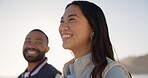 Couple, walking and happy at sunset beach for vacation, holiday fun or travel. Asian woman and man together at ocean with interracial love, romance and adventure outdoor to relax and talk by water