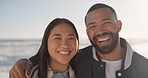 Happy, beach and face of couple by ocean for commitment, bonding and relax in nature. Marriage, travel and portrait of man and woman laugh for healthy relationship on holiday, vacation and journey