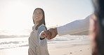 Couple, running and happy at beach for vacation, holiday fun or travel with sun flare. Asian woman and man together at ocean with love, romance and adventure outdoor to follow and relax by water