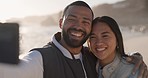 Couple at beach, hug in selfie with travel and romance outdoor for social media post, memory and happiness. Love, care and peace, tropical vacation and smile in picture with life partner and trust