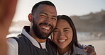 Couple at beach, face and selfie, travel and romance outdoor with social media post, memory and happiness. Love, care and hug, tropical vacation and smile in picture with life partner and trust