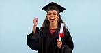 Woman, student and graduation success, celebration of education, college diploma or university goals in studio. Excited face of african graduate with certificate, dance and wow on a blue background