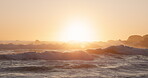 Beach, waves and sunset background with night sky and horizon for peace, travel destination and location. Ocean, evening sun and sea water for tropical landscape, skyline and natural calm in nature