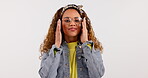 Vision, glasses and portrait of woman with frames happy and exited isolated in a studio white background. Optometry, eyesight and person with spectacles or eyewear for eye care, health and wellness