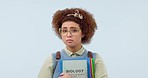 Student, choice and think in studio on blue backdrop with mockup for social media, e learning or tools. Female, person or girl with problem in decision for school, online or platform for studying