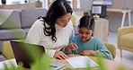 Mom, girl and writing with reading, learning or paper for development, solution and studying in home. Education, mother and daughter with thinking, mentorship and teaching at desk in family house