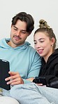 Tablet, happy and couple watching a video together on social media, mobile app or the internet. Love, smile and young man and woman scroll on digital technology in bedroom at apartment in Australia.