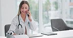 Doctor, woman and phone call with telehealth consultation with smile for healthcare and medical work in clinic. Conversation, mobile networking and professional happy with support and advice at desk