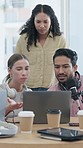 Laptop, podcast and confused a radio team in an office for problem solving during a live broadcast. Computer, microphone and host with a presenter reading an email of doubt from an online listener