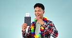 Passport, man and ticket with pointing you for holiday, vacation or travel to Hawaii in studio on blue background. Excited, person and documents with happiness for flight and international journey