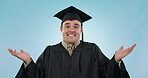 Graduation, university student and confused in studio with hand gesture for doubt with future plans and smile. Portrait, man and shrugging shoulders with question on scholarship on blue background