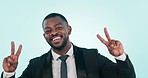 Face, hands and black man with peace emoji in studio with gratitude on blue background space. V, sign and portrait of African male entrepreneur show thank you icon for small business startup support