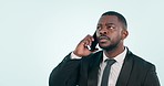 Phone call, businessman and communication in studio with serious face for business negotiation, consultation or feedback. Talking, person and smartphone on mockup for sales or marketing discussion