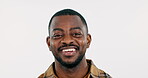 Laughing, happy or face of black man by white background isolated in studio with smile, confidence. Portrait, wellness or positive African person enjoying a funny joke or comedy humor to relax alone