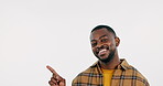 Pointing to offer, face or black man in studio by discount deal or sale on menu for advertising. Logo, happy or African person showing choice for mockup space, promo or steps on white background 