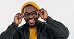 Black man, glasses and vision, face and eye care with health, wellness and smile for choice and fashion. Optometry, happy customer and designer eyewear, frame and lens in studio on white background