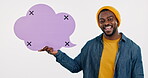 Social media, face and man with speech bubble in studio with tracking markers, mockup and promotion on white background. Portrait, african model and advertising space for opinion, feedback and quote