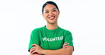 Face, woman and happy volunteer in studio with arms crossed for community service, charity or help society on white background. Portrait, asian model and support values of sustainability, NGO or care