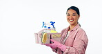 Portrait, cleaning and woman with basket for hygiene, disinfect or housework isolated in a studio white background. Happy, domestic work and person with sanitizer washing with glove for bacteria