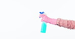 Hand, cleaning and person with spray bottle soap to disinfect as housework isolated in studio white background. Closeup, domestic work and janitor with sanitizer washing with glove for bacteria