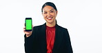 Business woman, phone green screen and mockup for human resources contact or job advertising in studio. Professional face of asian worker in HR with mobile app tracking marker and on white background