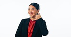 Smile, call me and hand gesture of an asian woman realtor isolated on a white background in studio. Portrait, real estate or property and young sales agent with an investment opportunity for you