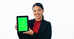 Business woman, tablet green screen and mockup for human resources website or job advertising in studio. Professional face of asian worker in HR, digital mockup or tracking marker on white background