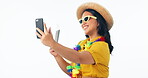 Travel, selfie and woman on holiday dancing with happiness for vacation isolated in studio white background. Phone, ticket and person in celebration on social media for immigration or flight giveaway