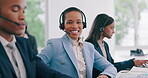 Call center portrait, happiness and professional black woman for tech support service, customer care or help desk. Communication, job experience or telemarketing agent smile for bank advisory career