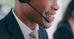 Call center, mouth and man talking, telemarketing and contact us for tech support at crm help desk. Closeup, lips speaking and happy customer service consultant, sales agent and professional on mic