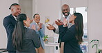 Business people, applause and staff with achievement, high five and promotion, support and smile in a workplace. Teamwork, manager and employees clapping, celebration and winning with cooperation 