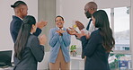 Business people, applause and black woman with achievement, promotion and celebration in a workplace. Group, manager and employees clapping, congrats and cooperation with motivation, smile or support