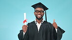 Black man, graduation and thumbs up with diploma and face, smile with pride and celebration on blue background. Education achievement, success and certified, graduate in studio with thank you and win