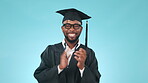 Graduation event, black man and applause with support, success and education achievement in studio. Graduate, academic pride with praise and certified with thanks, congratulations on blue background