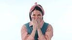 Face, wow and surprise with a funny woman in studio on a white background for humor or joking. Portrait, smile and a young winner person laughing or shocked at a sale, deal or discount announcement