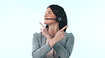 Choice, studio or happy woman in call center pointing to telecom or telemarketing offer for help. Promo mockup space, face or sales agent on blue background to show CRM option in customer support