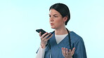 Nurse, smartphone call and woman recording audio, communication or telehealth in studio isolated on blue background mockup space. Phone, medical professional and voice chat in healthcare consultation