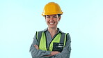 Happy woman, architect and arms crossed of professional with hard hat against a studio background. Portrait of female person, contractor or engineer smile in confidence or positive mindset on mockup