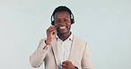 Call center, customer service and face of black man in studio for talking, help and consulting. Telemarketing, portrait and person for CRM business, support and communication on gray background