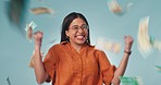 Happy woman, money rain and celebration in financial freedom, winning or lottery prize against a studio background. Excited female person smile in success for finance, investment growth or cash flow