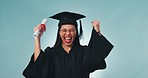 Excited, graduation certificate and woman celebrate in studio isolated on blue background mockup space. Portrait, graduate and diploma of student for success, education achievement or university goal