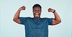 Happy, fitness and black man flexing arms in studio for muscle, strength and body building training. Smile, sports and young African male personal trainer showing biceps isolated by white background.