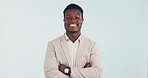 Black man, business and face with arms crossed and happy employee with entrepreneur confidence. Studio, white background and professional staff with a smile from lawyer job and career from Kenya