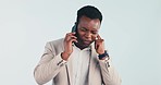 Phone call, signal problem and black man in studio with connection, network service and mobile issue. Business, hear and person on smartphone for talking, chat and communication on blue background