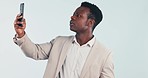 Phone, signal and black man in studio with no connection, network service and mobile problem. Business, professional and person on smartphone for message, email and communication on blue background