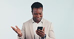 Businessman, phone and laugh in studio with smile for social media, communication or network in happiness. Black man, scroll and talking online for work information, internet chat or email connection