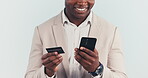 Hands, phone and credit card for online shopping with a black man in studio on a gray background. Finance, accounting or investment with a business person using the internet for bank management