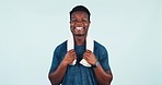 Happy, fitness and face of black man with a towel in studio for muscle, strength and body building training. Smile, sports and portrait of young African personal trainer isolated by white background.